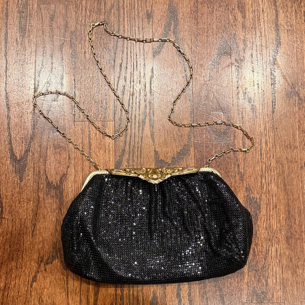 Whiting & Davis - Gold-Trim Black Sequin Evening Shoulder Bag